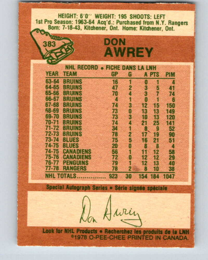 1978-79 O-Pee-Chee #383 Don Awrey  Colorado Rockies  V26336