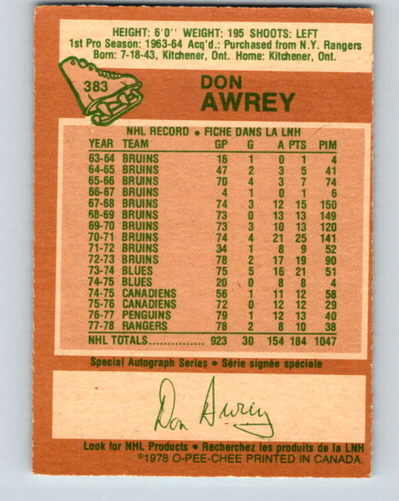 1978-79 O-Pee-Chee #383 Don Awrey  Colorado Rockies  V26337