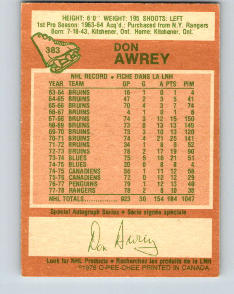 1978-79 O-Pee-Chee #383 Don Awrey  Colorado Rockies  V26341