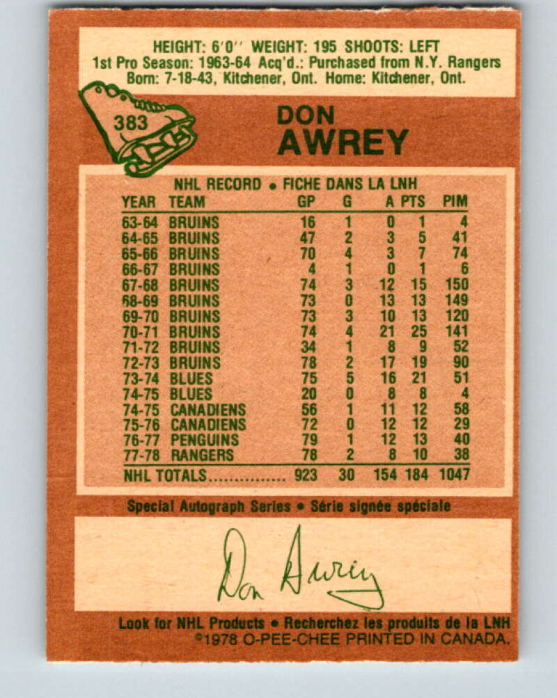1978-79 O-Pee-Chee #383 Don Awrey  Colorado Rockies  V26343