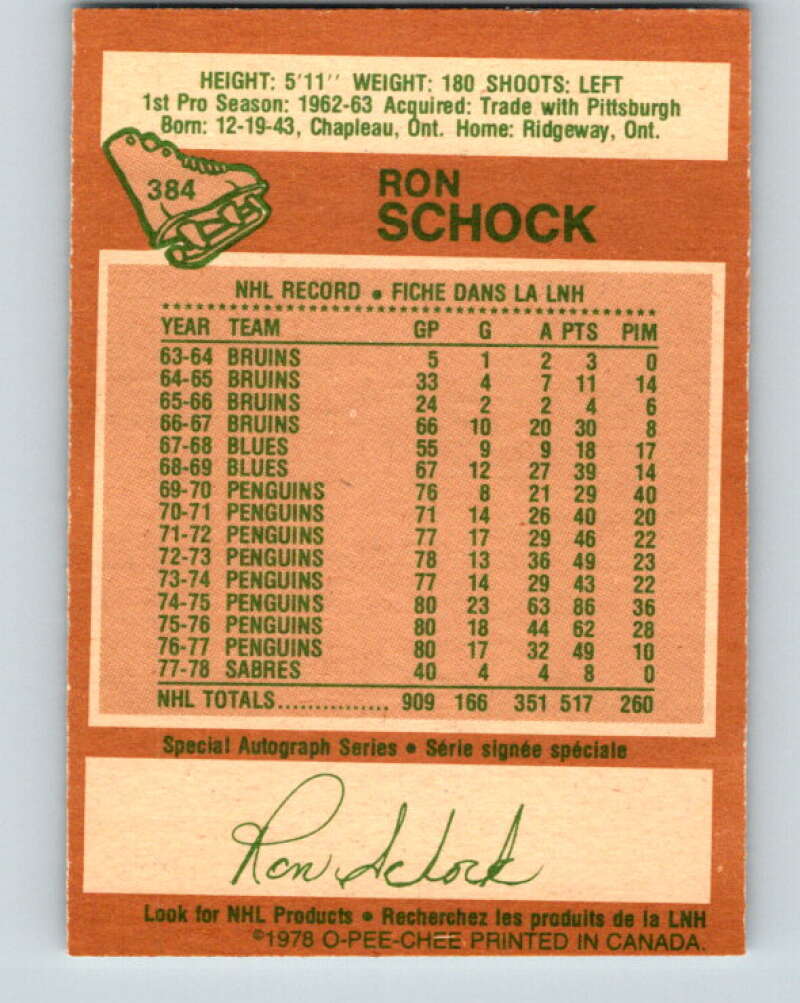 1978-79 O-Pee-Chee #384 Ron Schock  Buffalo Sabres  V26347