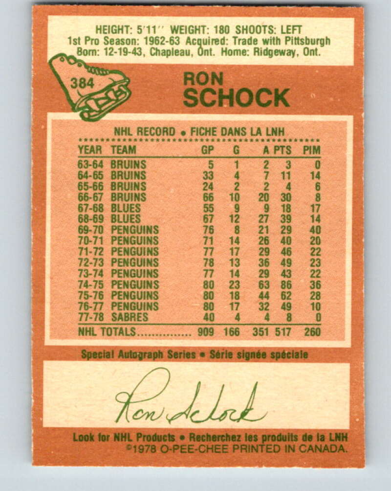 1978-79 O-Pee-Chee #384 Ron Schock  Buffalo Sabres  V26348