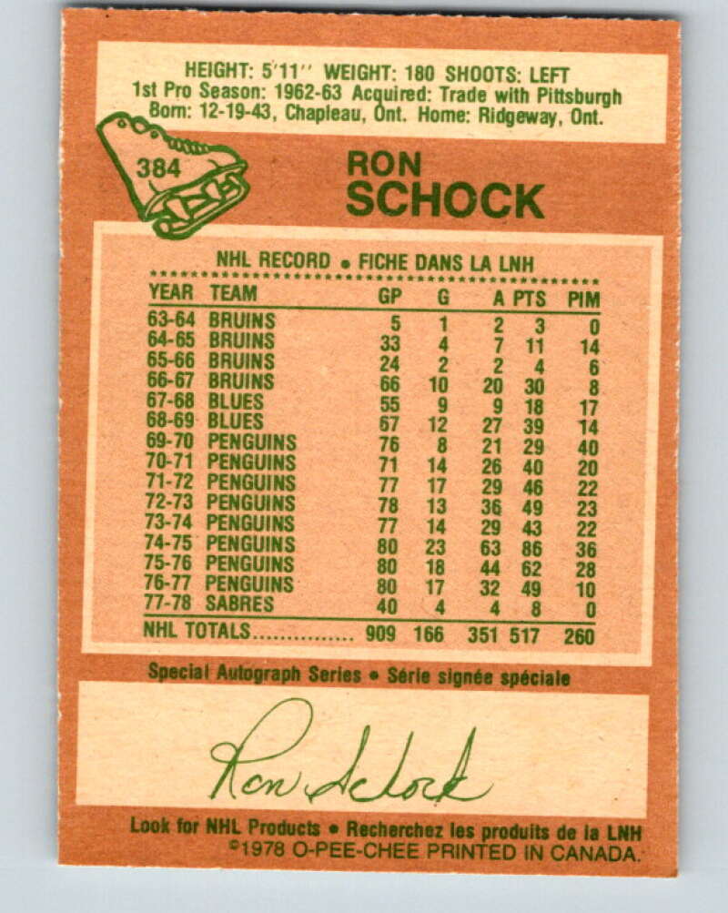 1978-79 O-Pee-Chee #384 Ron Schock  Buffalo Sabres  V26349