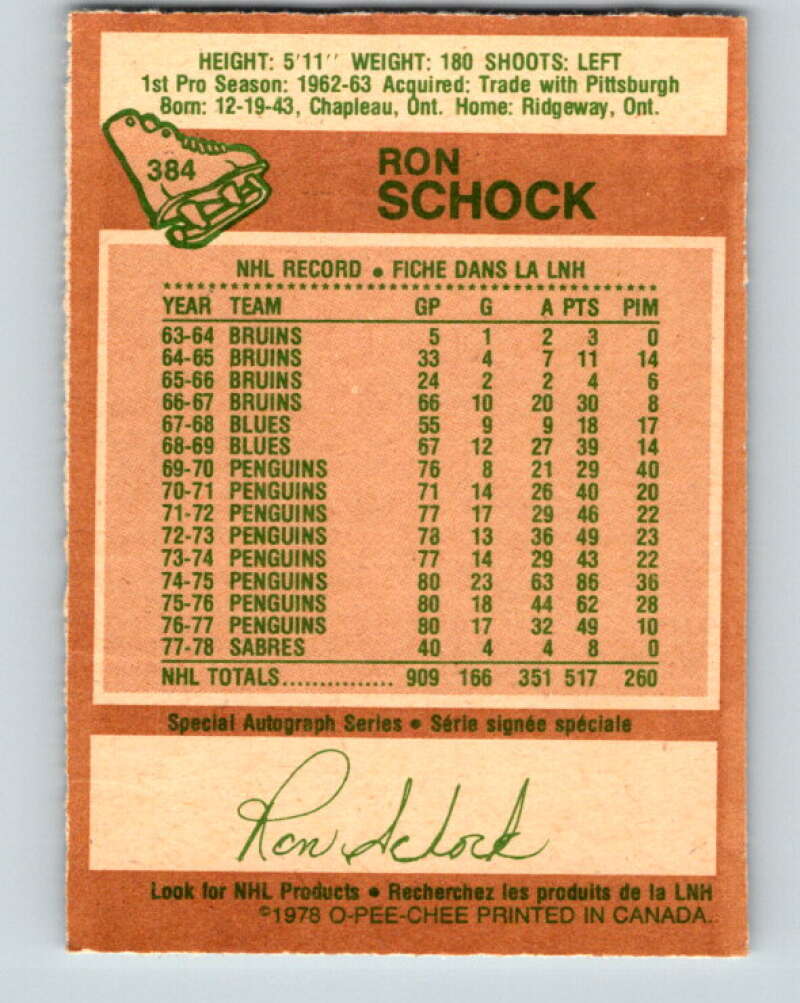 1978-79 O-Pee-Chee #384 Ron Schock  Buffalo Sabres  V26352