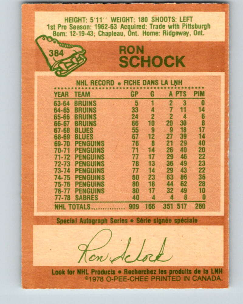 1978-79 O-Pee-Chee #384 Ron Schock  Buffalo Sabres  V26354