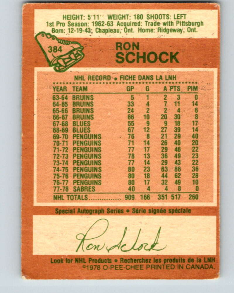 1978-79 O-Pee-Chee #384 Ron Schock  Buffalo Sabres  V26356