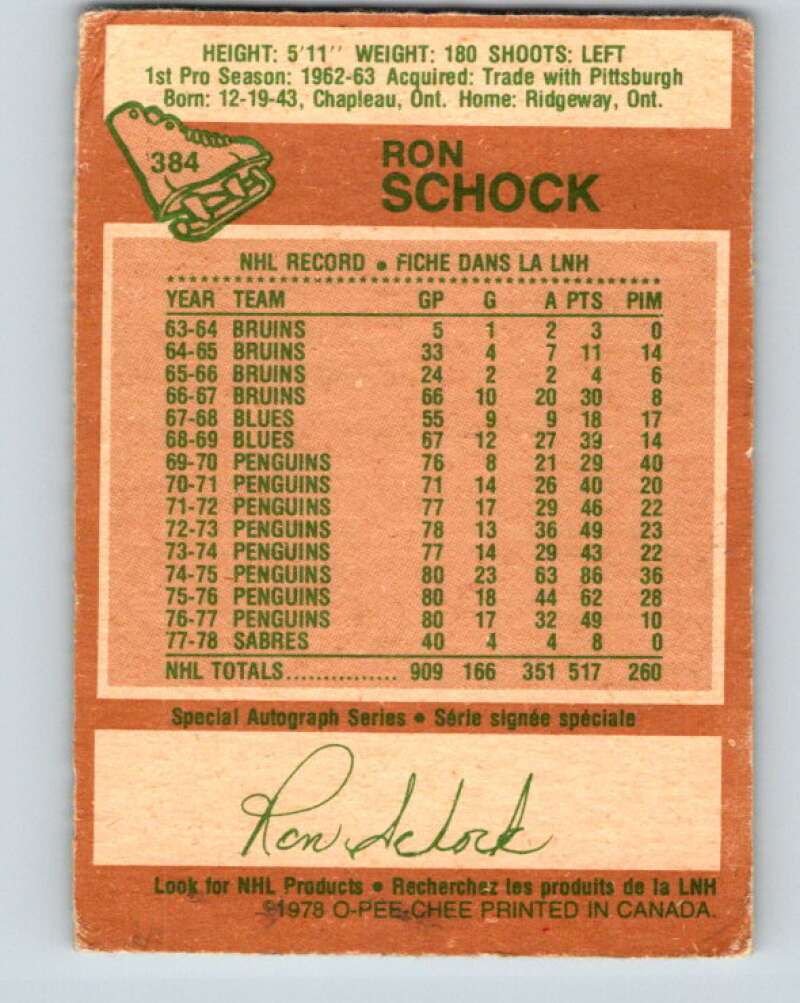 1978-79 O-Pee-Chee #384 Ron Schock  Buffalo Sabres  V26357
