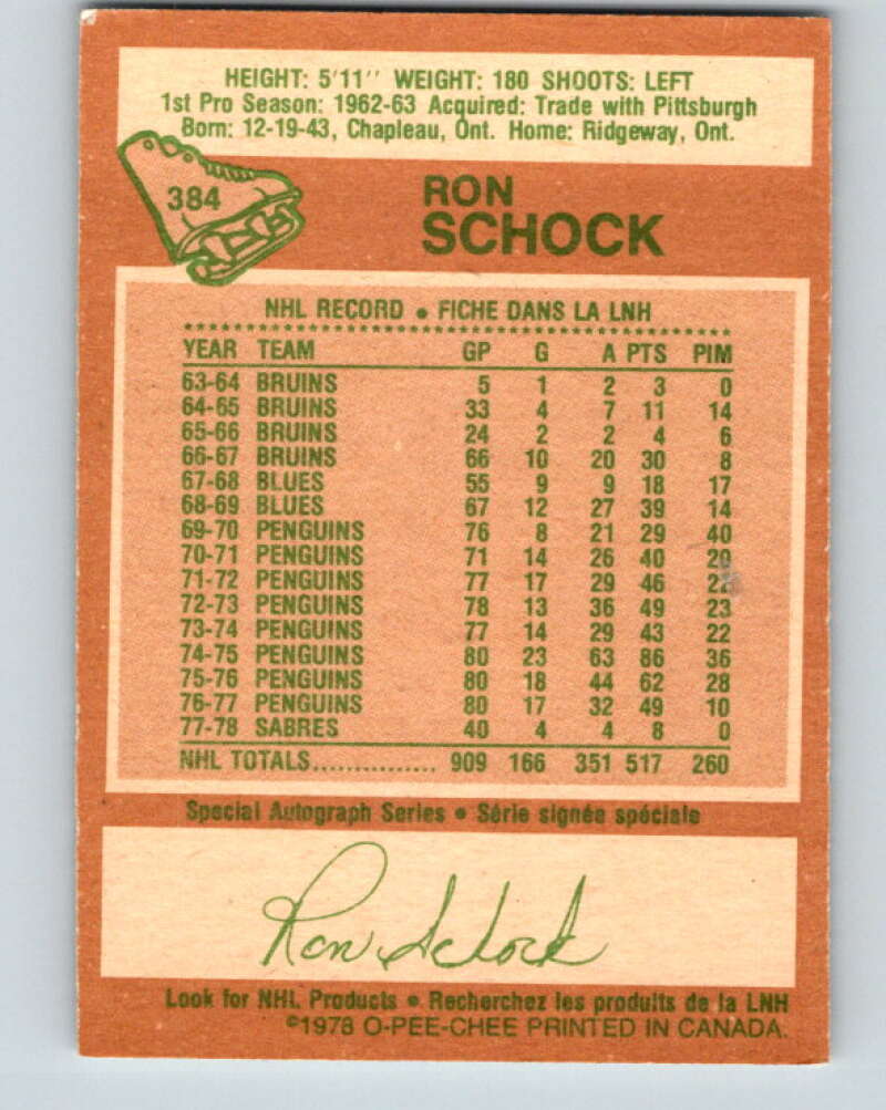 1978-79 O-Pee-Chee #384 Ron Schock  Buffalo Sabres  V26358