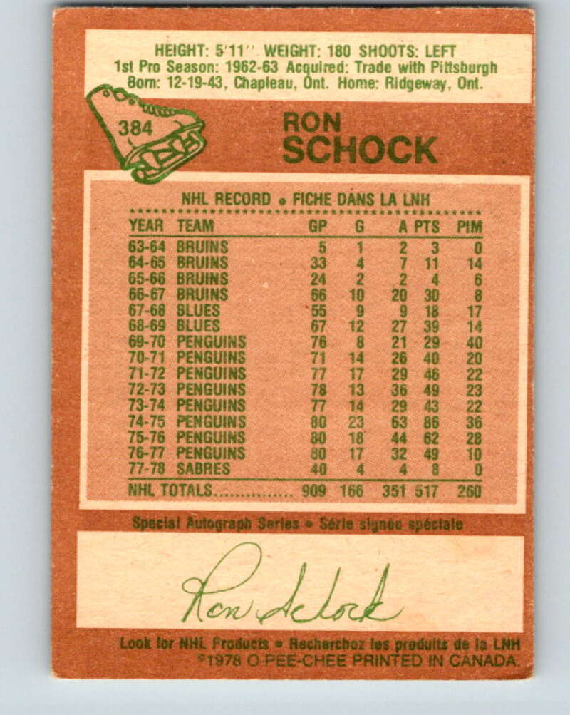 1978-79 O-Pee-Chee #384 Ron Schock  Buffalo Sabres  V26361