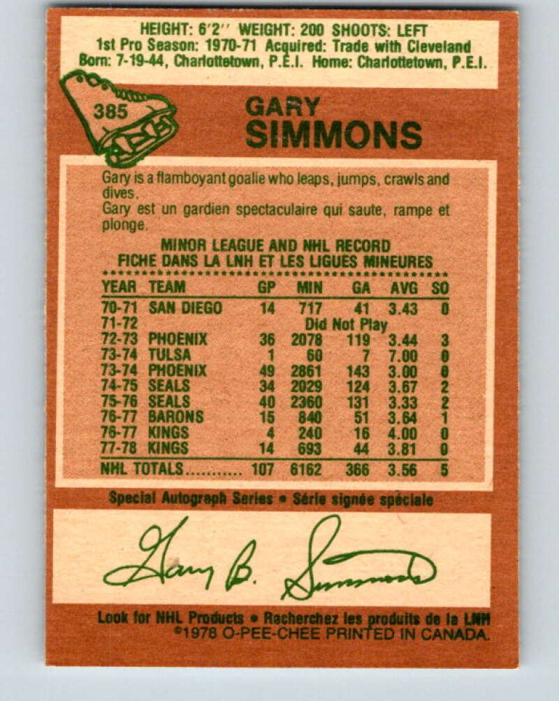 1978-79 O-Pee-Chee #385 Gary Simmons  Los Angeles Kings  V26366