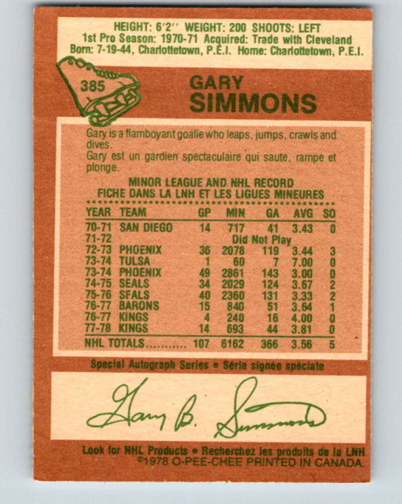 1978-79 O-Pee-Chee #385 Gary Simmons  Los Angeles Kings  V26367