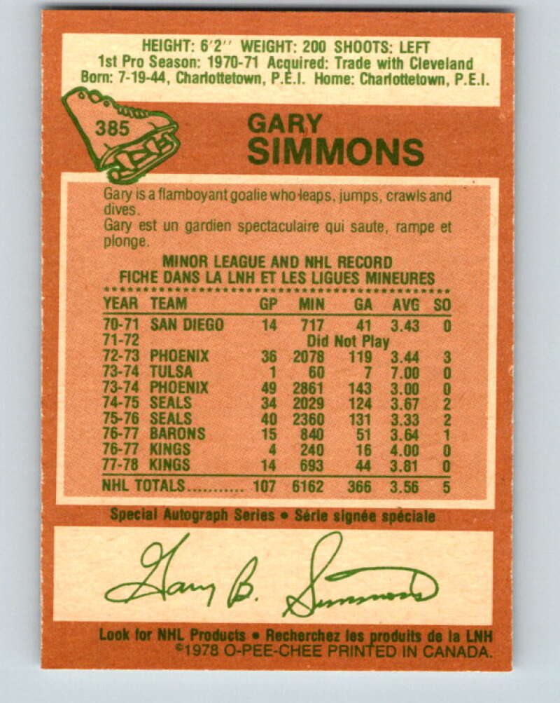 1978-79 O-Pee-Chee #385 Gary Simmons  Los Angeles Kings  V26370