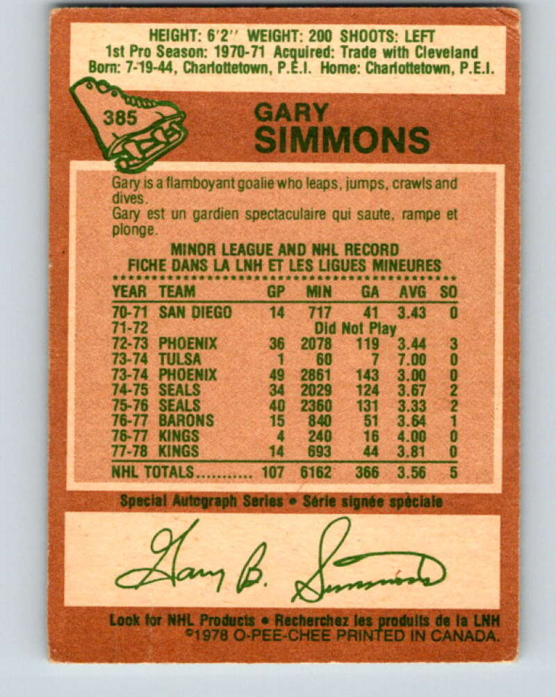 1978-79 O-Pee-Chee #385 Gary Simmons  Los Angeles Kings  V26374