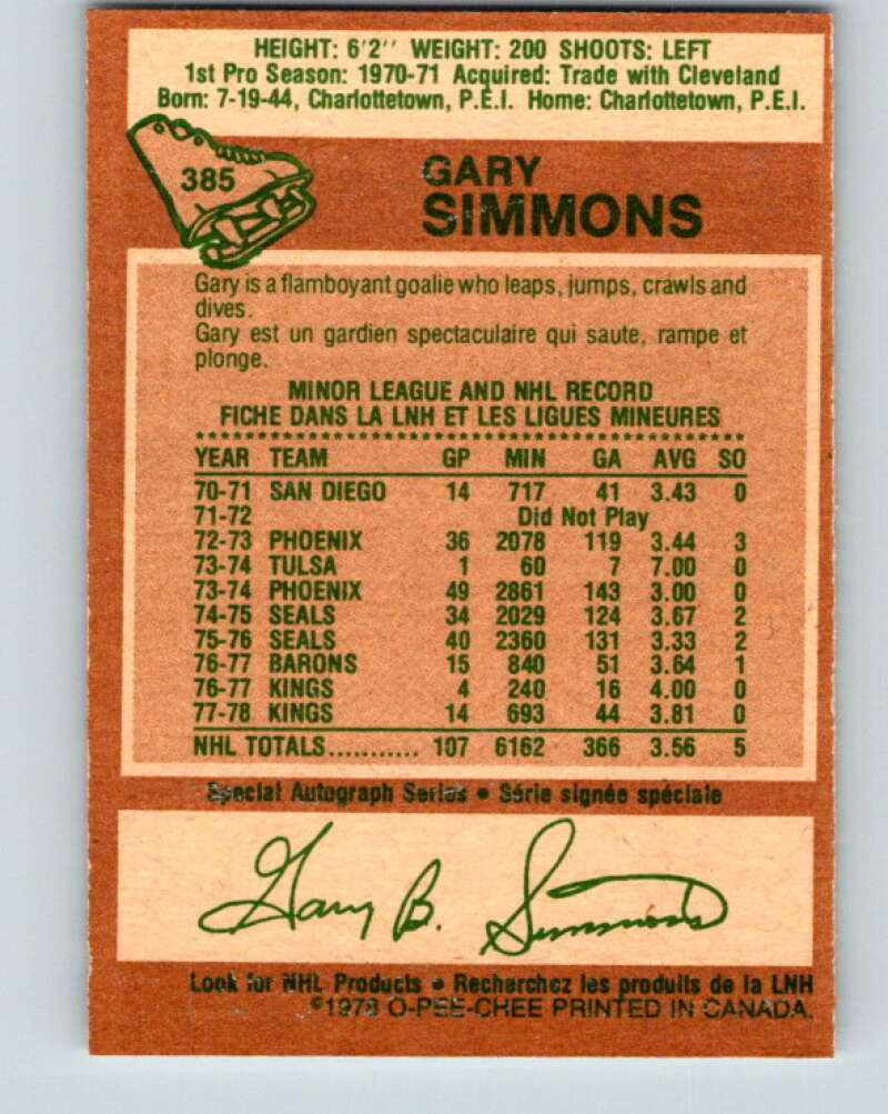 1978-79 O-Pee-Chee #385 Gary Simmons  Los Angeles Kings  V26376