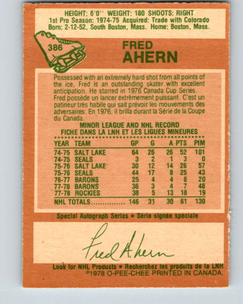 1978-79 O-Pee-Chee #386 Fred Ahern  Minnesota North Stars  V26383