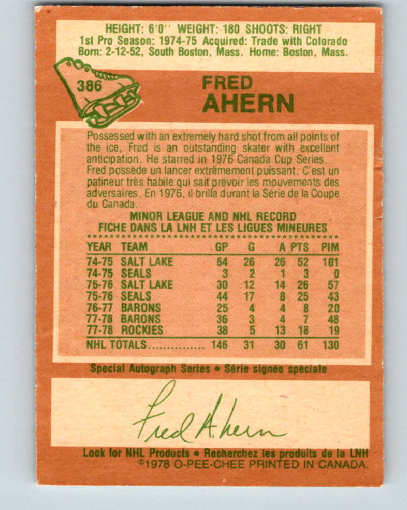 1978-79 O-Pee-Chee #386 Fred Ahern  Minnesota North Stars  V26387