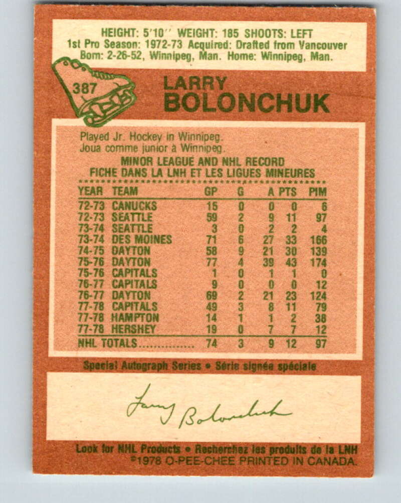 1978-79 O-Pee-Chee #387 Larry Bolonchuk  Washington Capitals  V26401