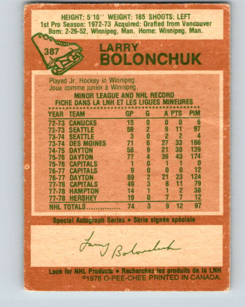 1978-79 O-Pee-Chee #387 Larry Bolonchuk  Washington Capitals  V26402