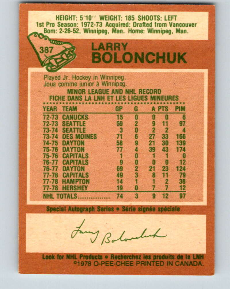 1978-79 O-Pee-Chee #387 Larry Bolonchuk  Washington Capitals  V26403