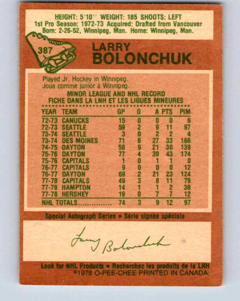 1978-79 O-Pee-Chee #387 Larry Bolonchuk  Washington Capitals  V26404