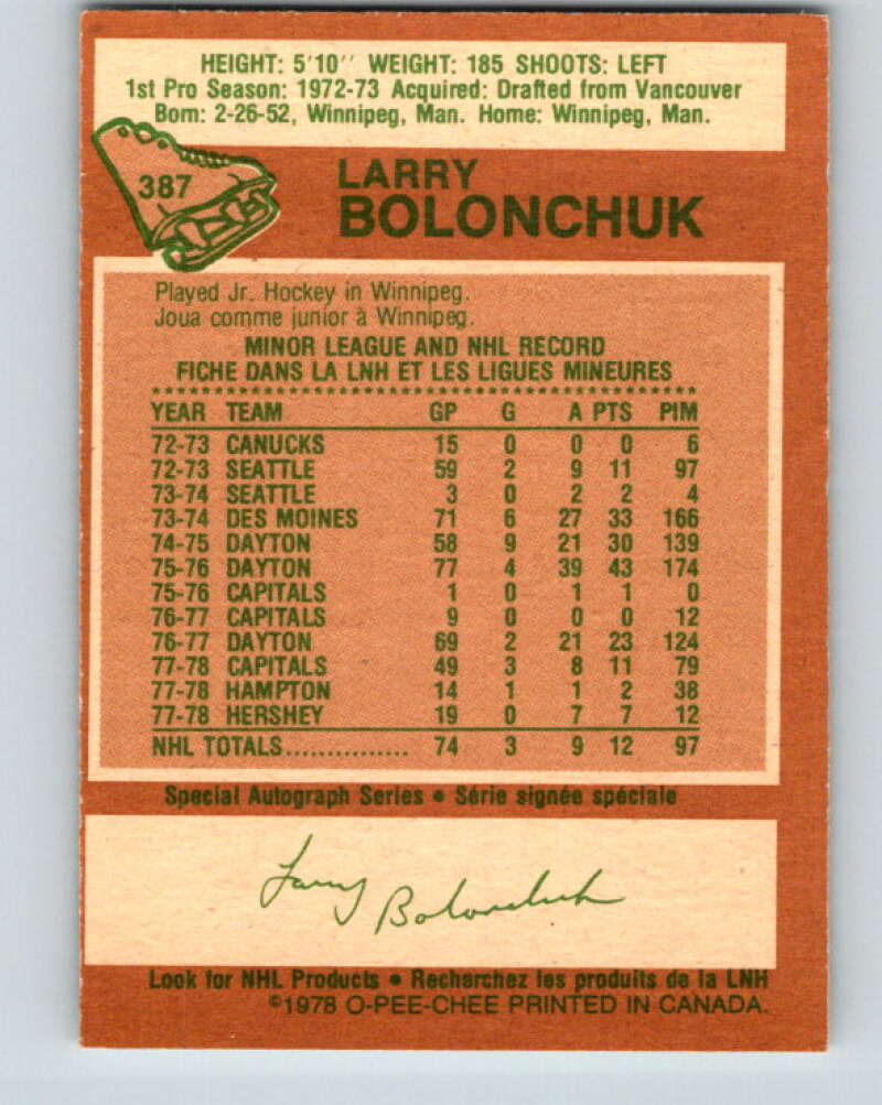 1978-79 O-Pee-Chee #387 Larry Bolonchuk  Washington Capitals  V26405