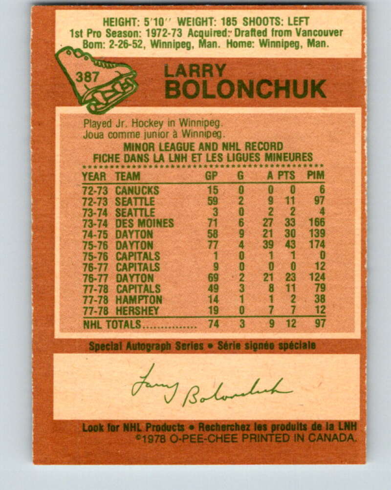 1978-79 O-Pee-Chee #387 Larry Bolonchuk  Washington Capitals  V26406