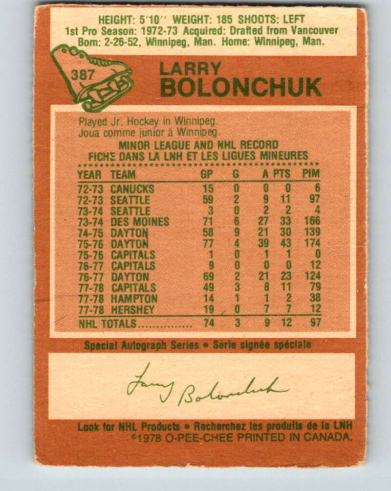 1978-79 O-Pee-Chee #387 Larry Bolonchuk  Washington Capitals  V26407