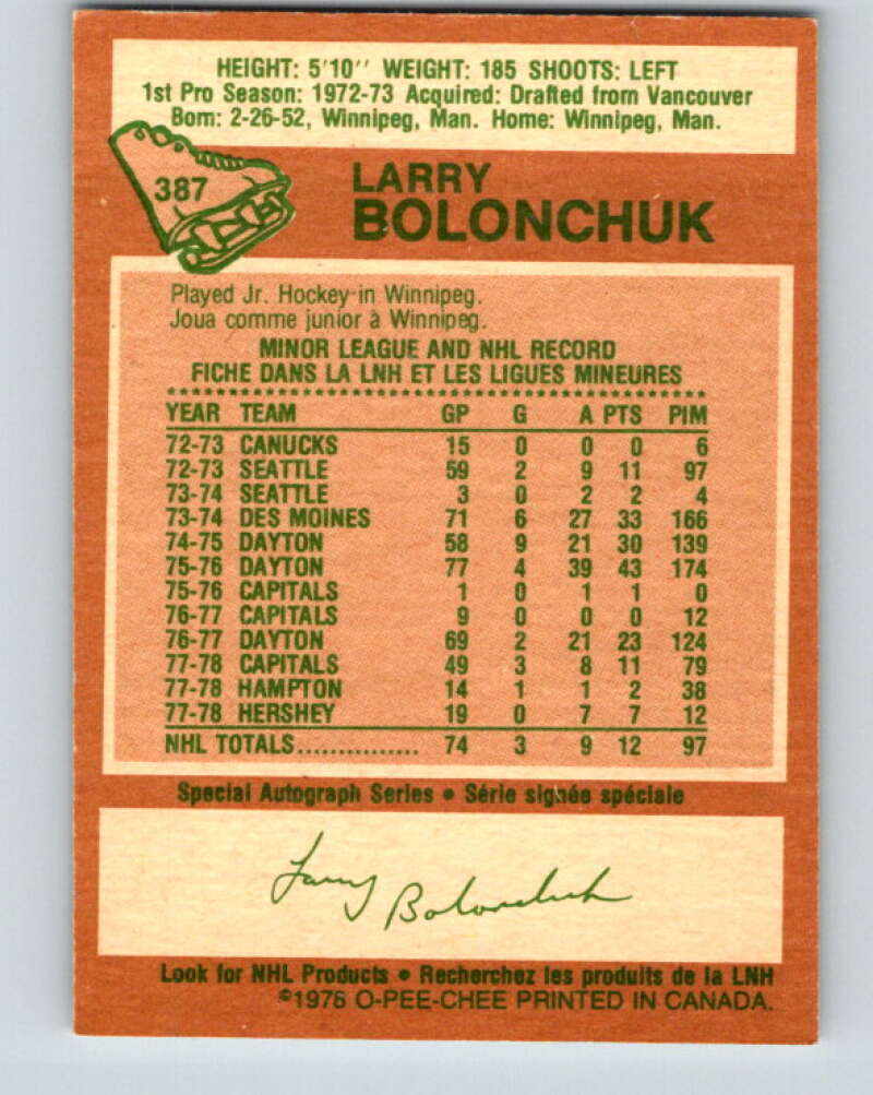 1978-79 O-Pee-Chee #387 Larry Bolonchuk  Washington Capitals  V26409