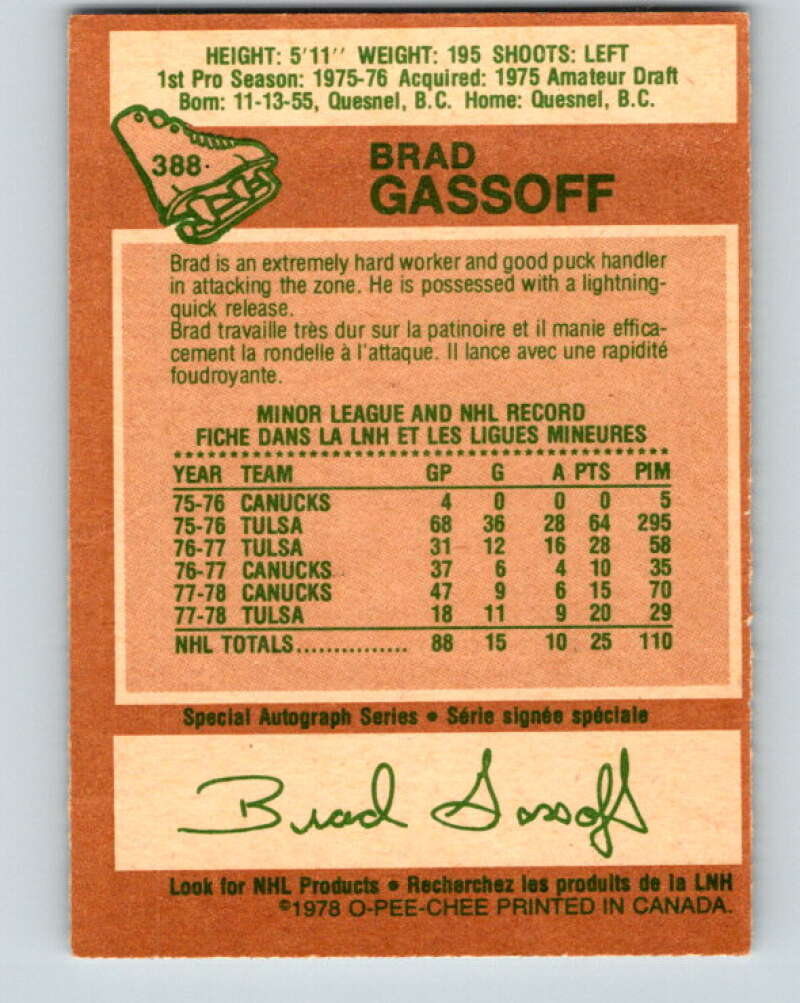 1978-79 O-Pee-Chee #388 Brad Gassoff  RC Rookie Canucks  V26419