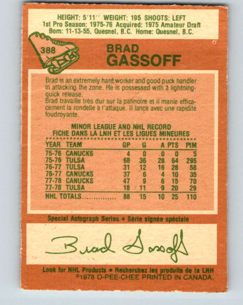 1978-79 O-Pee-Chee #388 Brad Gassoff  RC Rookie Canucks  V26421