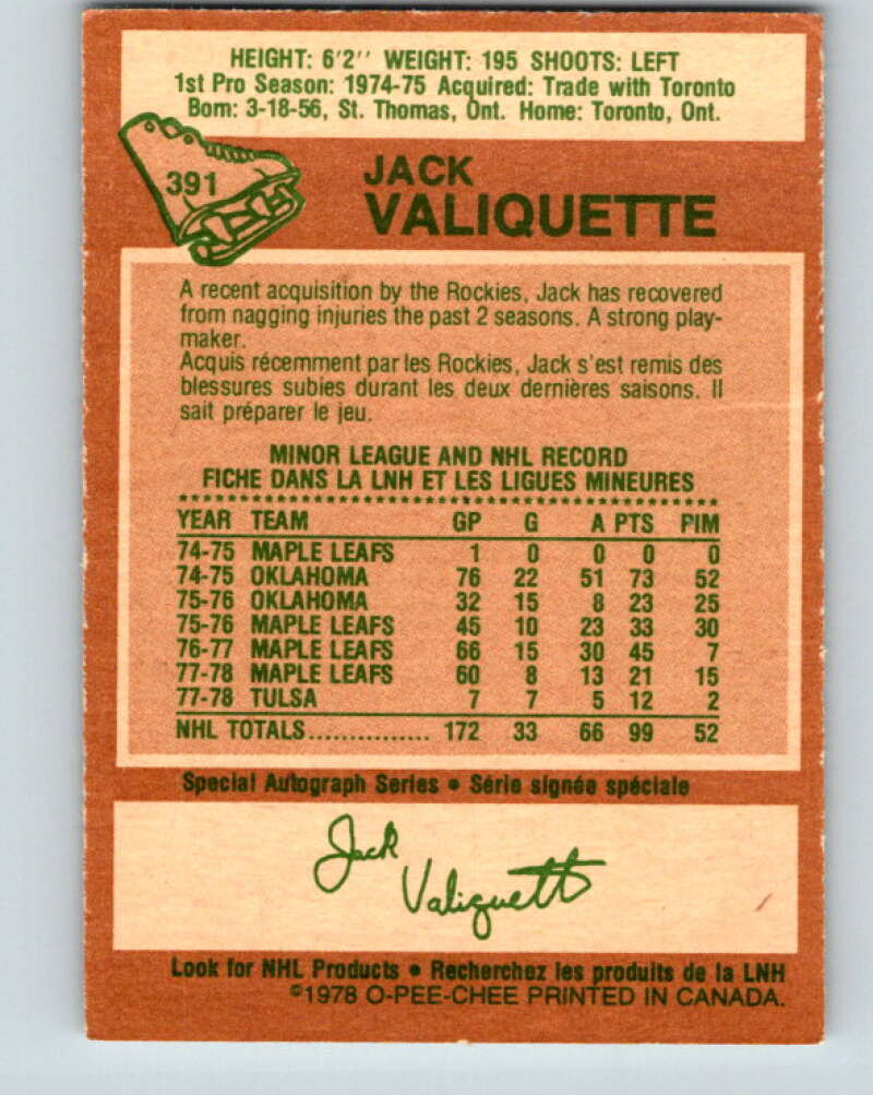 1978-79 O-Pee-Chee #391 Jack Valiquette  Colorado Rockies  V26476