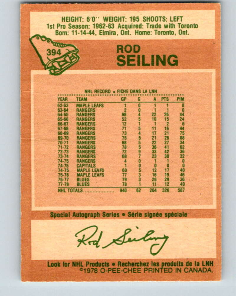1978-79 O-Pee-Chee #394 Rod Seiling  Atlanta Flames  V26516