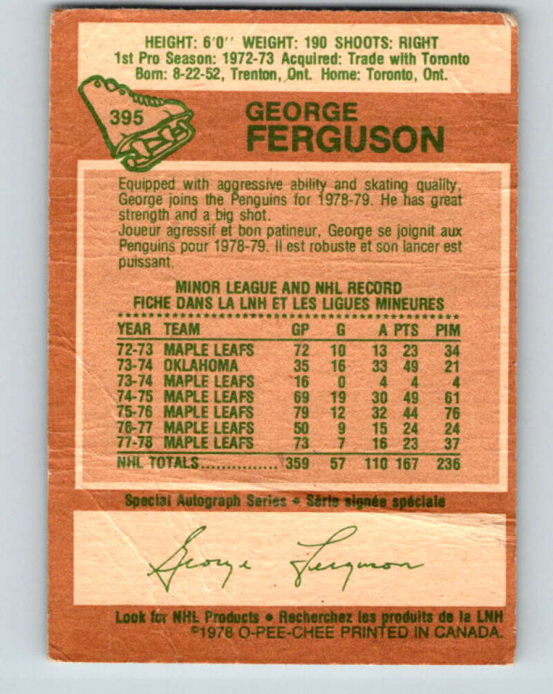 1978-79 O-Pee-Chee #395 George Ferguson Penguins  V26529