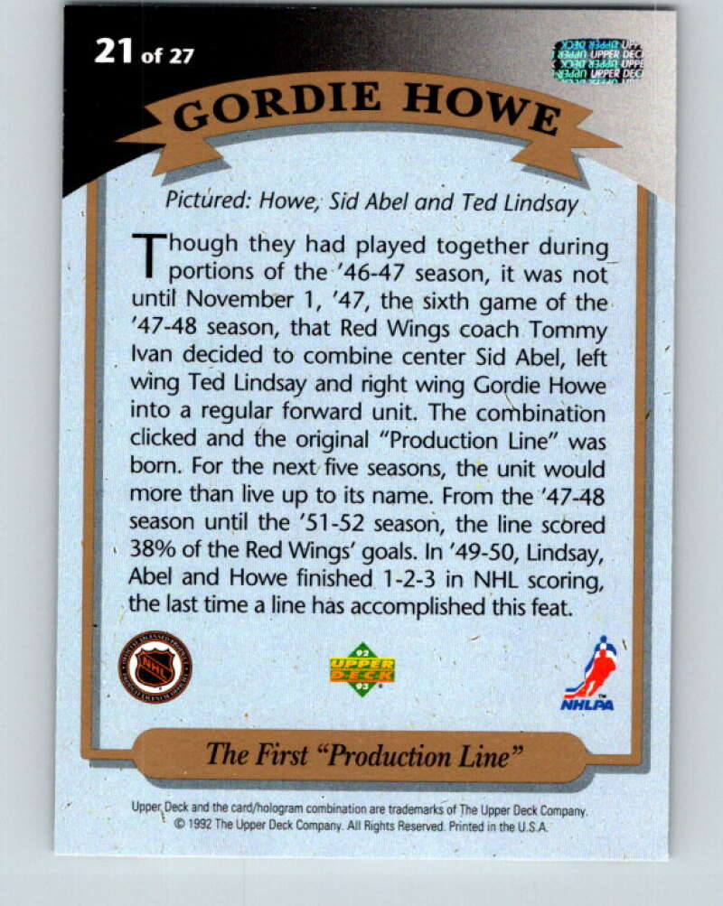 1992-93 Upper Deck Gordie Howe Heroes #21 First Production Line  V26604