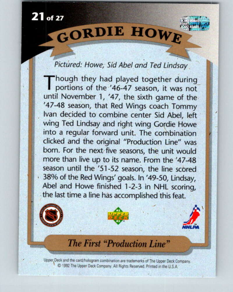 1992-93 Upper Deck Gordie Howe Heroes #21 First Production Line  V26605