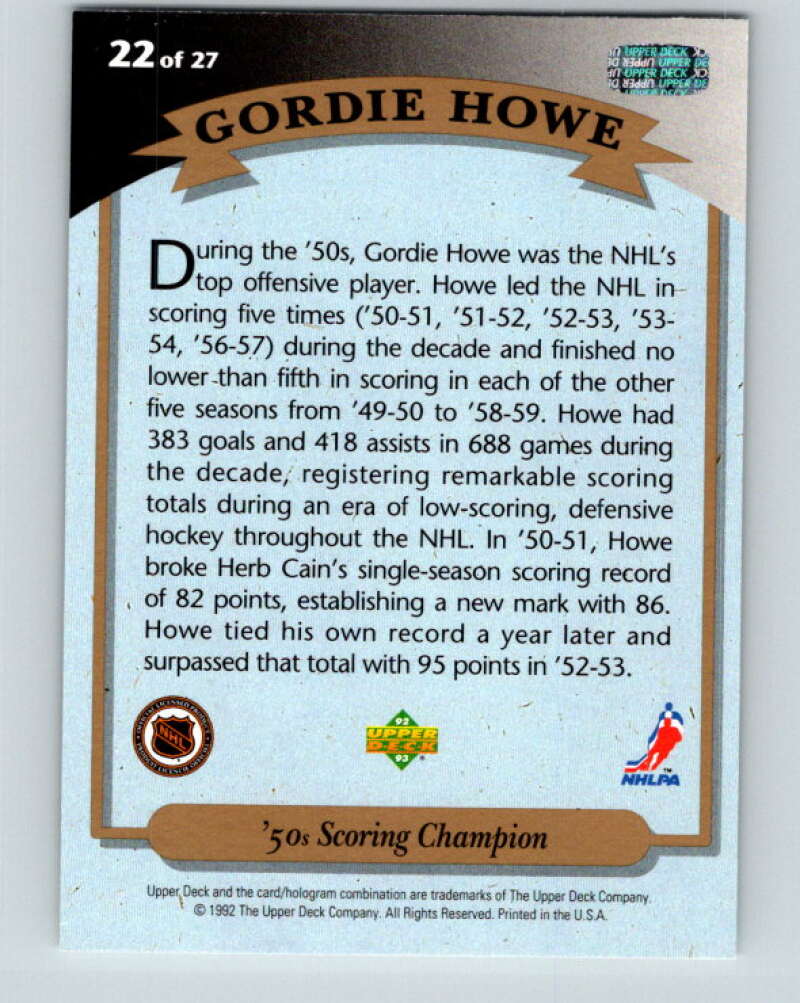 1992-93 Upper Deck Gordie Howe Heroes #22 '50's Scoring Champ  V26606