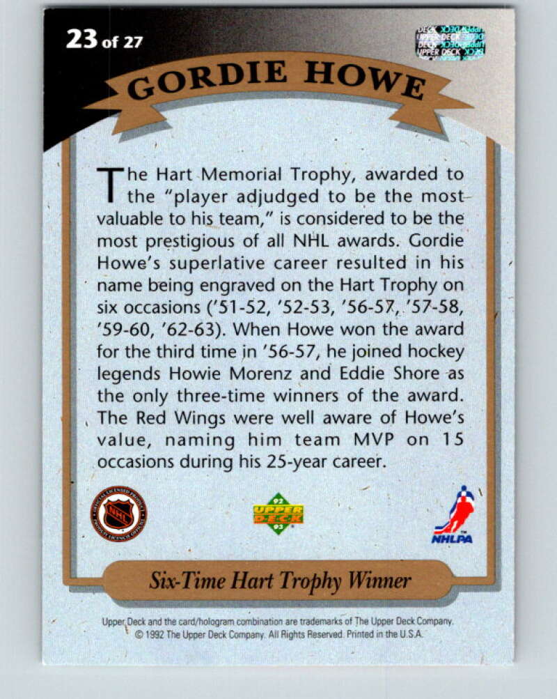 1992-93 Upper Deck Gordie Howe Heroes #23 Hart Trophy  V26610