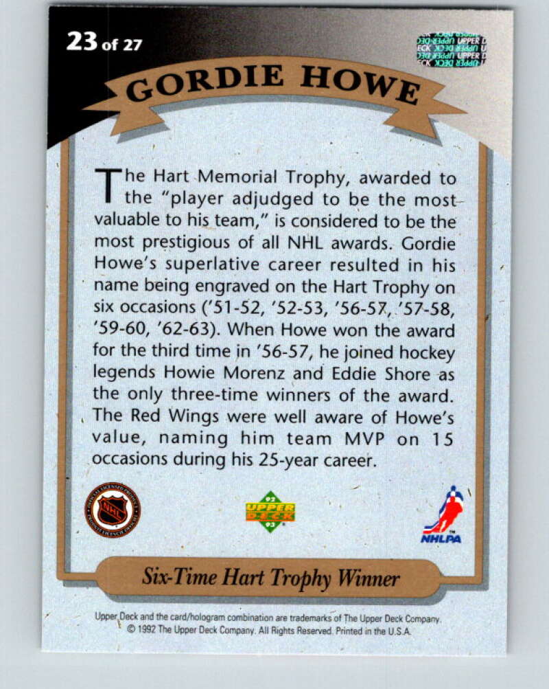 1992-93 Upper Deck Gordie Howe Heroes #23 Hart Trophy  V26611