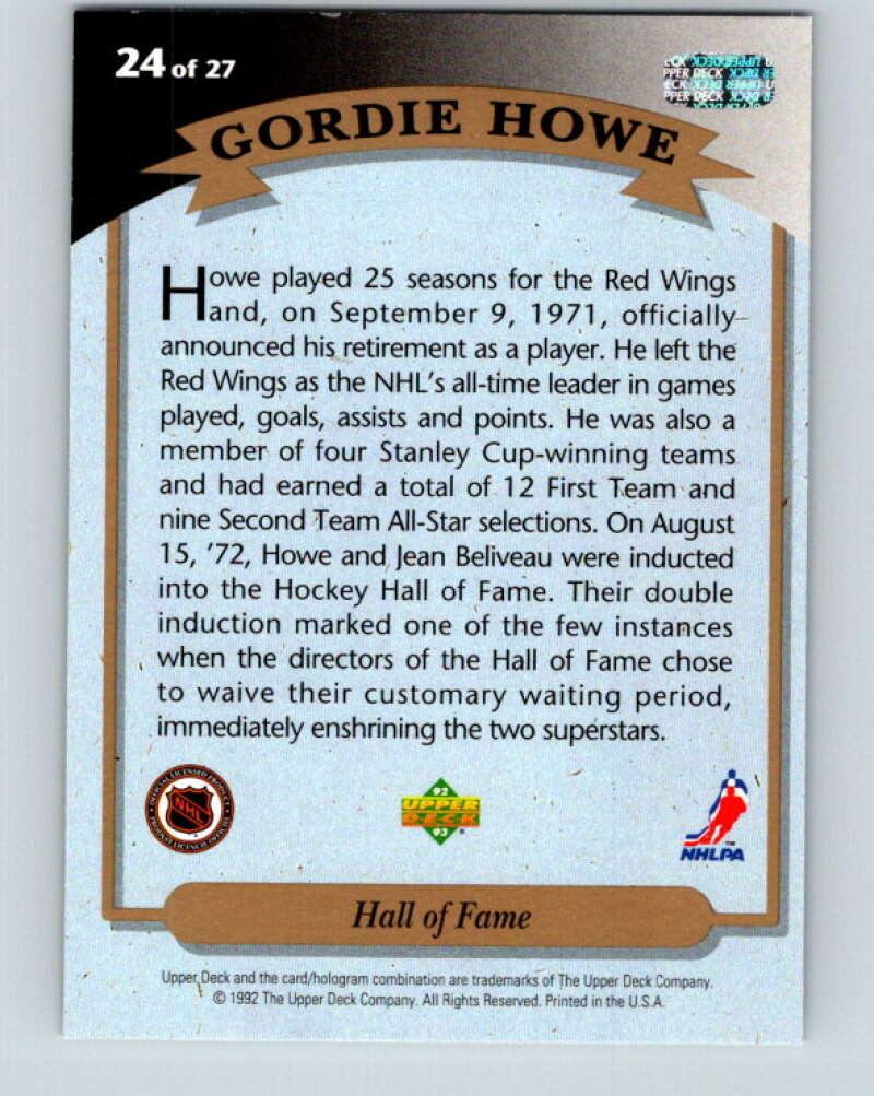 1992-93 Upper Deck Gordie Howe Heroes #24 Hall of Fame  V26613