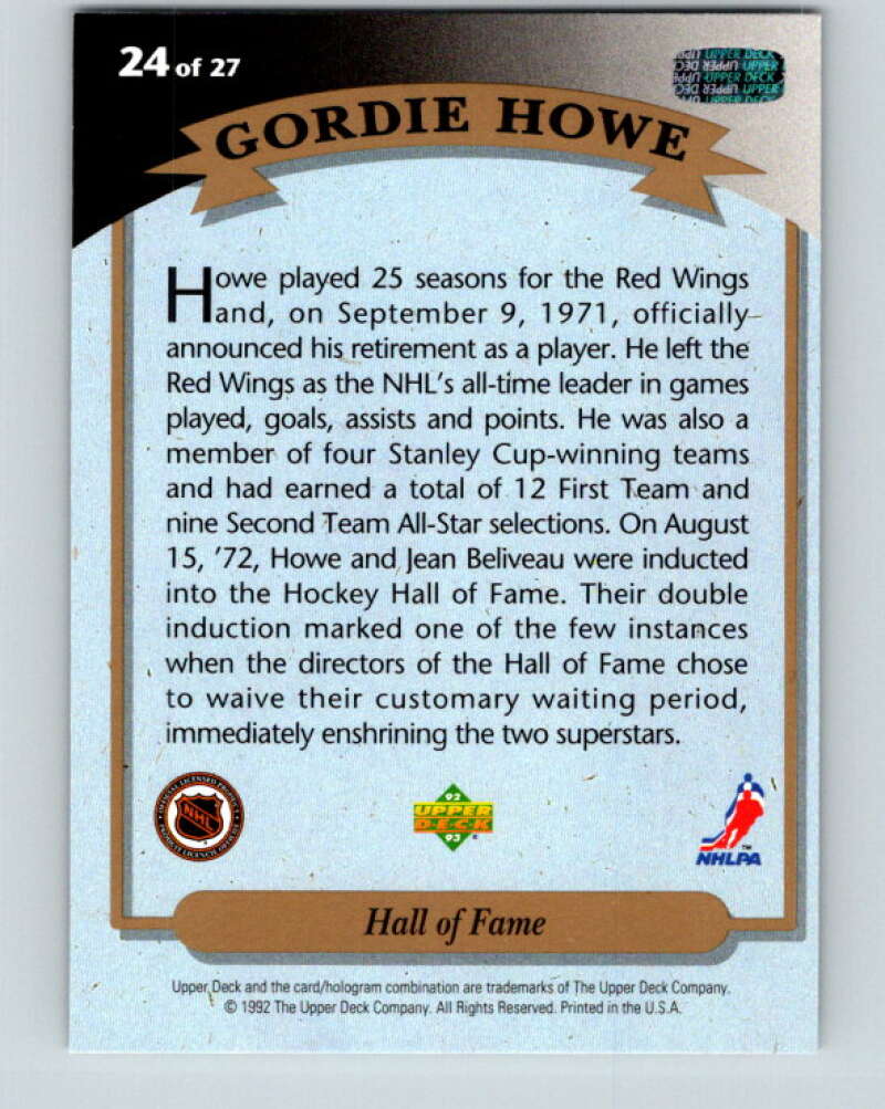 1992-93 Upper Deck Gordie Howe Heroes #24 Hall of Fame  V26614