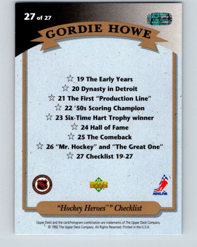 1992-93 Upper Deck Gordie Howe Heroes #27 Checklist  V26619