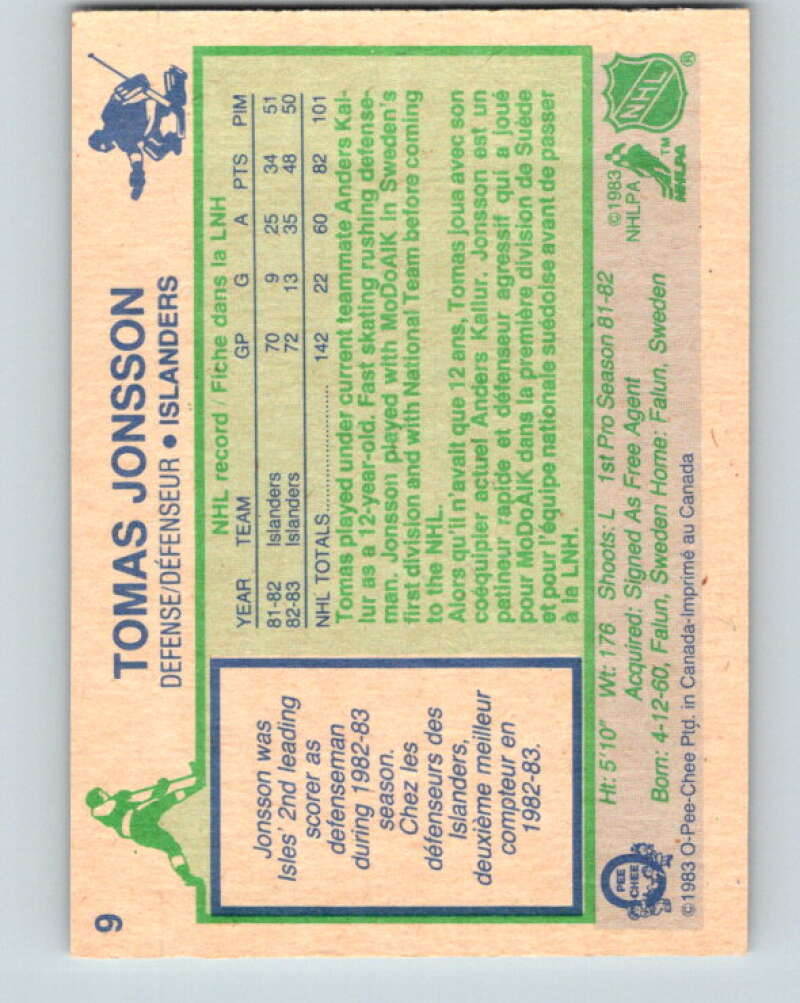 1983-84 O-Pee-Chee #9 Tomas Jonsson  New York Islanders  V26708