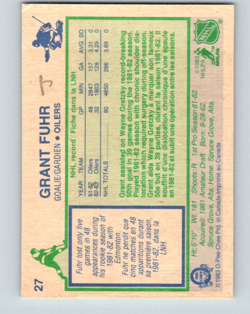 1983-84 O-Pee-Chee #27 Grant Fuhr  Edmonton Oilers  V26764