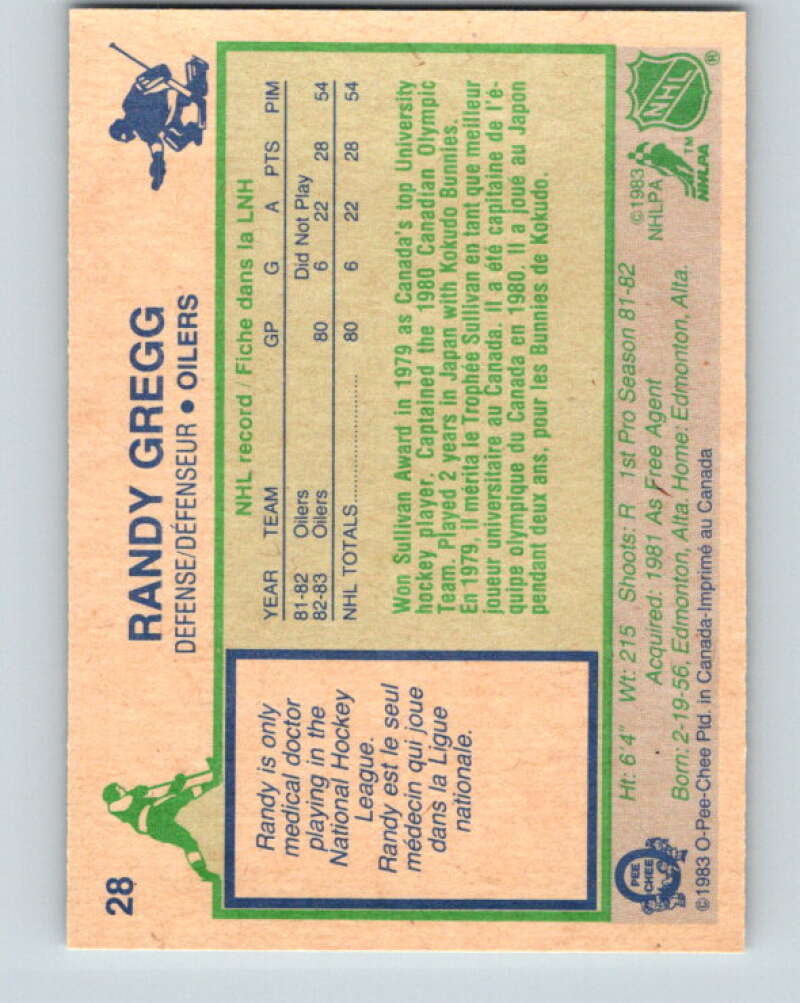 1983-84 O-Pee-Chee #28 Randy Gregg RC Rookie Oilers  V26769