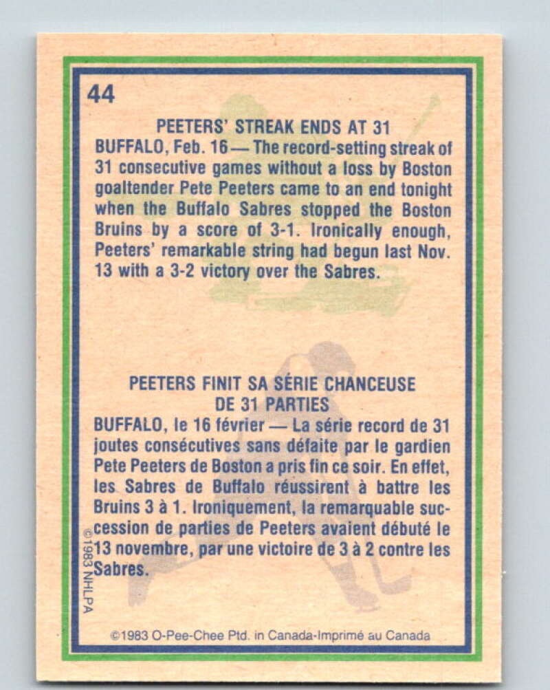 1983-84 O-Pee-Chee #44 Pete Peeters HL  Chicago Blackhawks  V26827