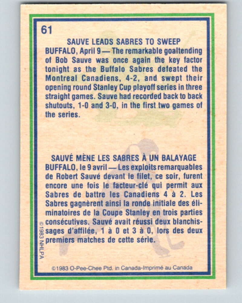 1983-84 O-Pee-Chee #61 Bob Sauve HL  Buffalo Sabres  V26888