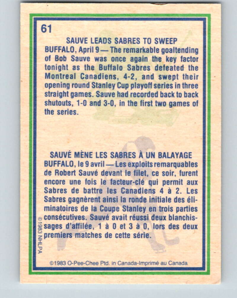1983-84 O-Pee-Chee #61 Bob Sauve HL  Buffalo Sabres  V26889