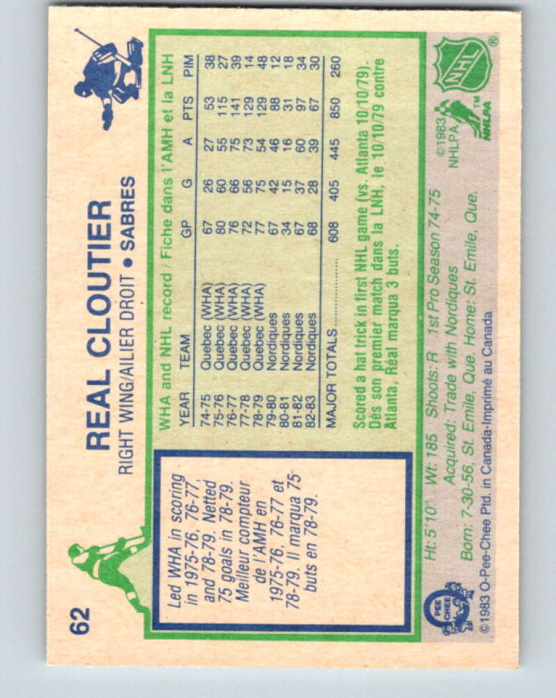 1983-84 O-Pee-Chee #62 Real Cloutier  Buffalo Sabres  V26890