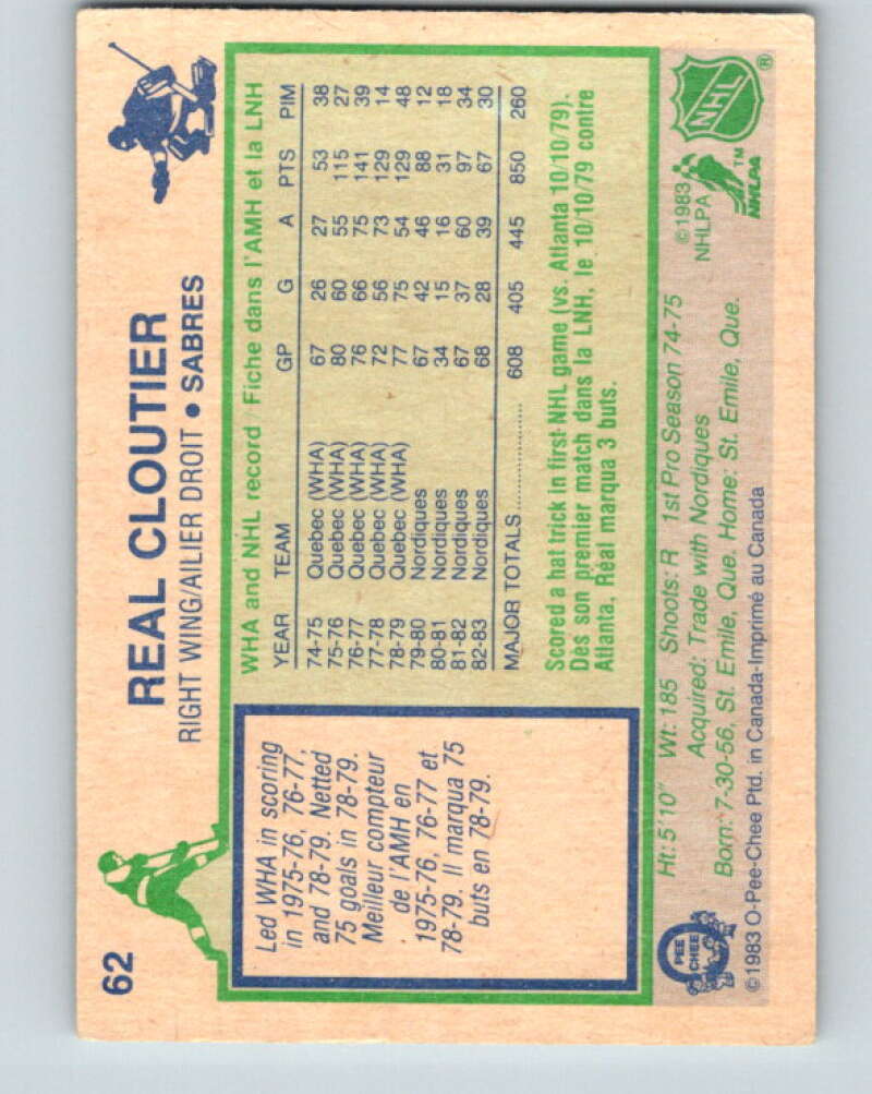 1983-84 O-Pee-Chee #62 Real Cloutier  Buffalo Sabres  V26891