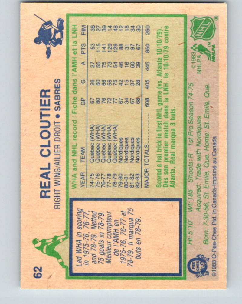 1983-84 O-Pee-Chee #62 Real Cloutier  Buffalo Sabres  V26892